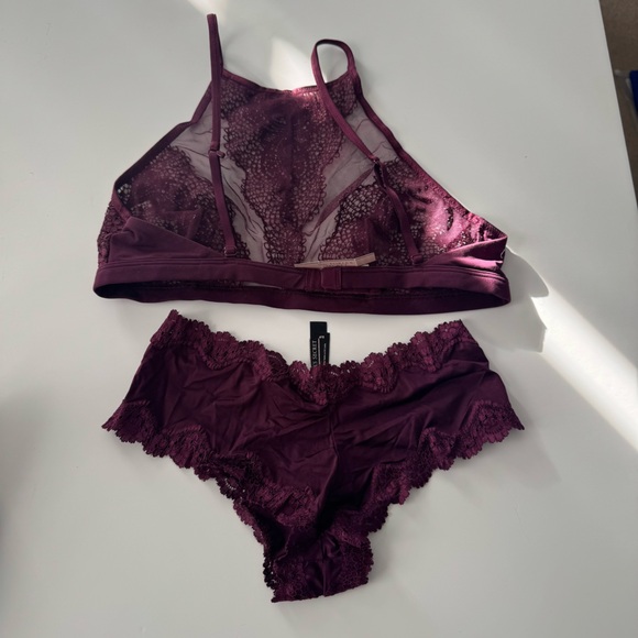 NWT Victoria's Secret Floral Lace Halter Bralette and Panty Set - Purple - Picture 2 of 4